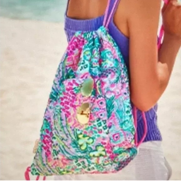 Lilly Pulitzer Pink and Green Drawstring Backpack - Picture 2 of 8